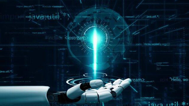 MLP Futuristic robot artificial intelligence revolutionary AI technology development and machine learning concept. Global robotic bionic science research for future of human life. 3D rendering graphic