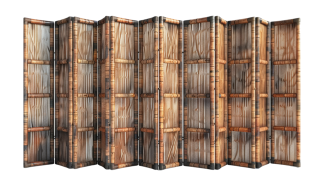 A folding screen room divider with a bamboo and wood design, providing decor and privacy in interior spaces.