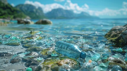 Plastic bottles scattered along the shore.