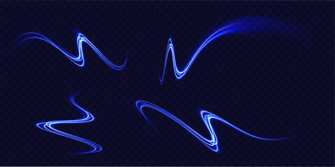 Blue light trail, wave speed, trace line twirl. Abstract light lines of movement and speed with white color glitters.