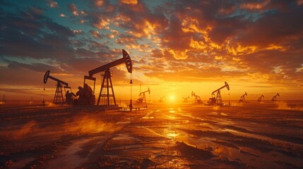 Oil pumps, drilling rigs with a silhouette of an oil field at sunset, Oil industry, oil production.