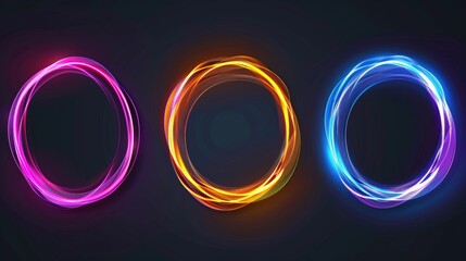 Set of glowing neon colored circles in round shape with wavy dynamic lines isolated on black background technology concept.