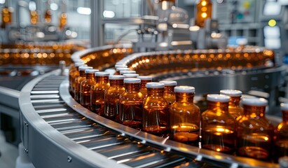 Conveyor belt filled with bottles
