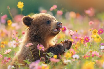 A cute baby bear smelling flowers in a field full of colorful flowers.