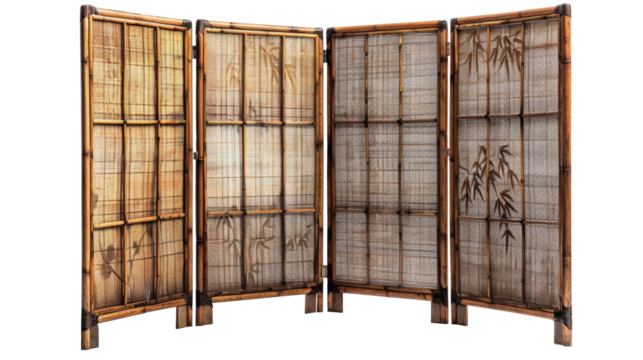 Traditional Japanese style room divider screen, shoji with bamboo frame and paper featuring delicate bamboo illustrations on white background.