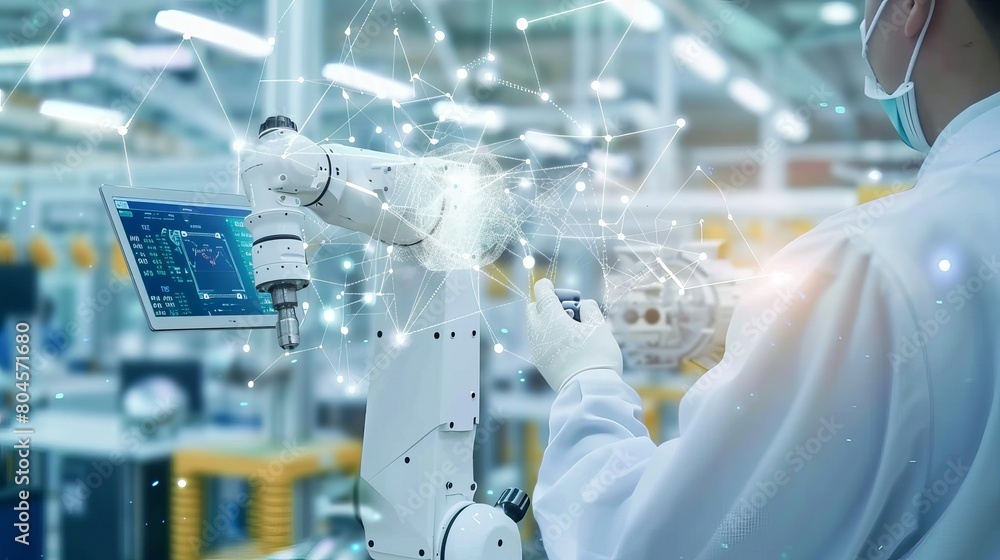 Aufkleber conceptual depiction of industrial technology and automation in a smart factory setting.