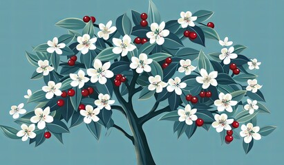 Tree with white flowers and red berries