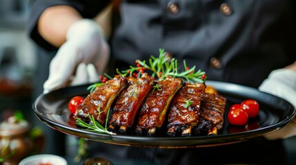 A chef presenting a mouthwatering dish of caramelized pork ribs, a culinary masterpiece.
