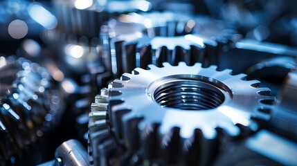 Close-up view of engine gear wheels, serving as an industrial background element.