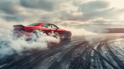 Drift car driving with thick tire smoke, car with bright red livery, AI generated image.