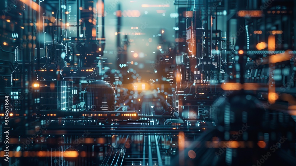 Poster conceptual depiction of industrial technology and automation in a smart factory setting.