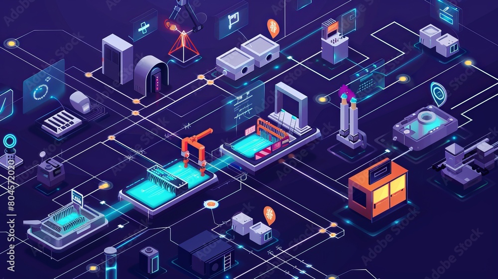 Poster conceptual depiction of industrial technology and automation in a smart factory setting.