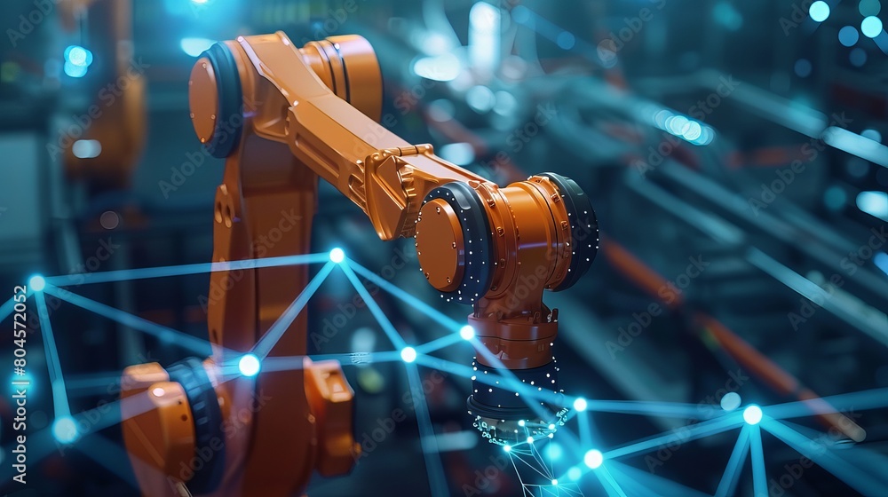 Poster conceptual illustration of a robot arm alongside a communication network, emphasizing industrial tec
