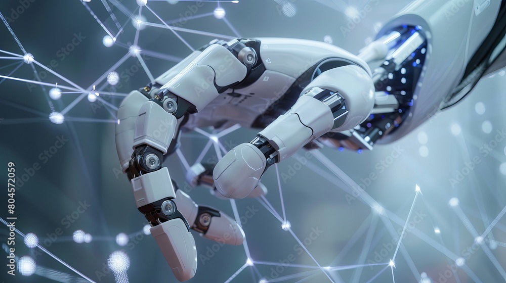 Poster conceptual illustration of a robot arm alongside a communication network, emphasizing industrial tec