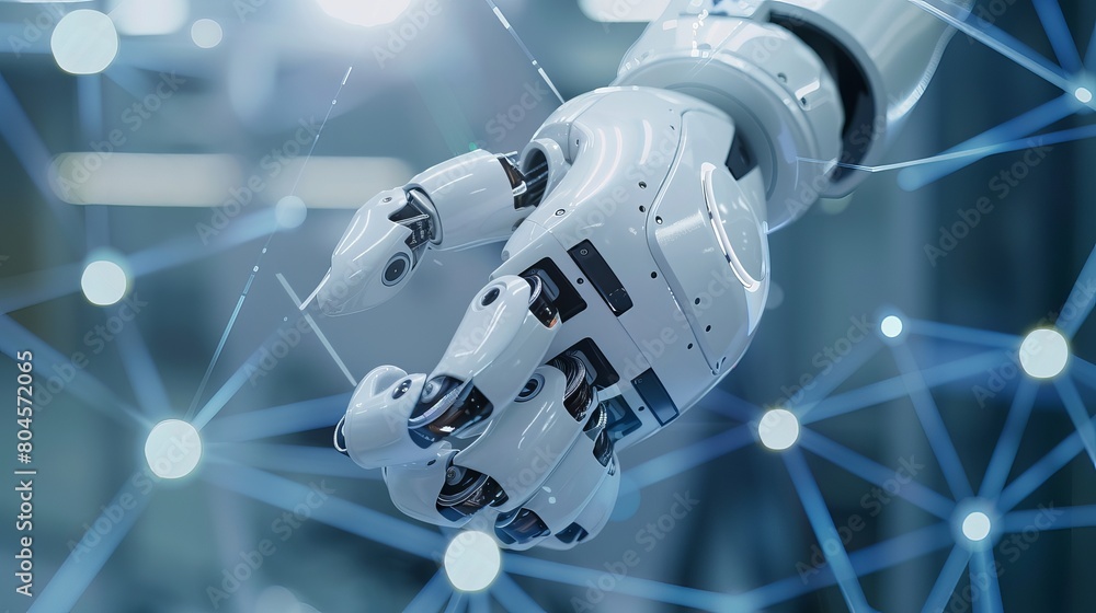 Poster conceptual illustration of a robot arm alongside a communication network, emphasizing industrial tec
