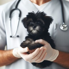 vue de proche,vétérinaire portant un petit chiot noir portant un stéthoscope autour du coup et des gans , pour un examen , qualité de l'image HD , 4K,8K 