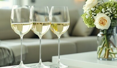 Three glasses of wine on table