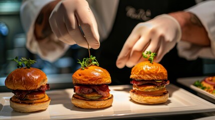 A chef's hands meticulously preparing triple-layer pork belly sliders, a gourmet delight."