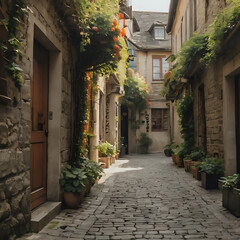 Fototapeta na wymiar a narrow cobblestone street with potted plants on either side