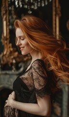 Fototapeta premium A woman with flowing red hair smiles softly in an elegant interior