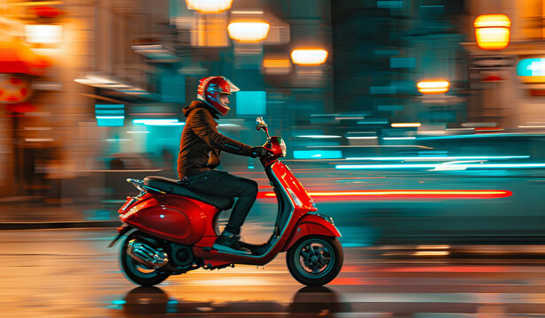 Person riding red scooter on city street