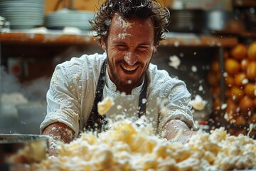 A cheerful chef coated in flour joyously plays with fresh pasta dough in a lively kitchen setting