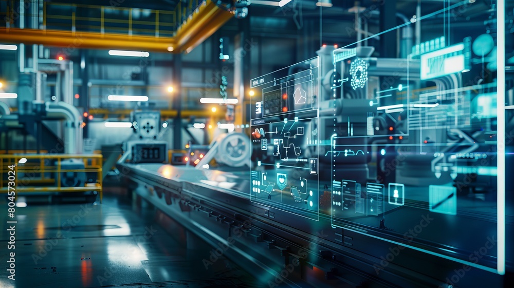 Poster futuristic concept illustrating the digitalization of a factory environment, with information displa