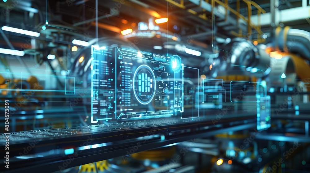 Poster futuristic concept illustrating the digitalization of a factory environment, with information displa