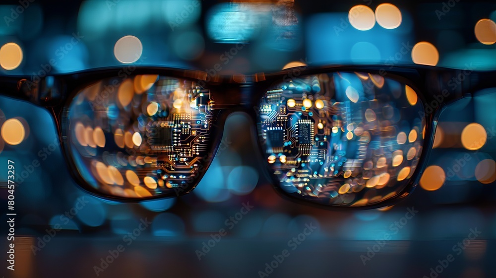 Poster glasses reflecting the image of a circuit board, illustrating a close connection between technology 