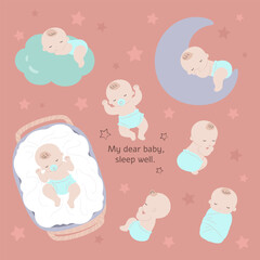 Various scenes of babies sleeping, such as cradle, clouds, moon, etc.