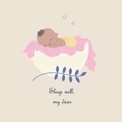 Newborn baby sleeps inside eggshell covered with soft cloth