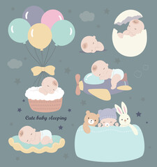 Various scenes of babies sleeping, such as balloons, airplanes, eggshells, etc.