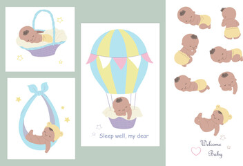Newborn babies sleeping in hot air balloons or bamboo baskets, with various sleeping positions