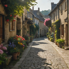 Fototapeta na wymiar a cobblestone street with potted plants and flowers
