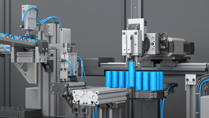 Mechanical automation devices on a dark background. High-tech robotic grippers on an assembly line. Industry 4.0 concept. 3d render