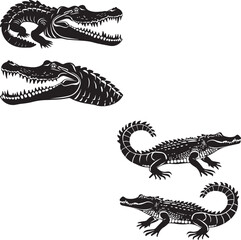 Set of Crocodile silhouettes on black and white