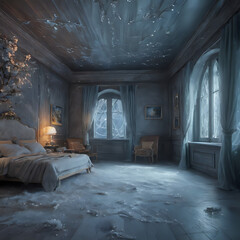 a bedroom with a bed and a christmas tree in it
