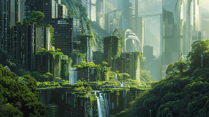 Eco-futuristic cityscape full of greenery, parks, green spaces in urban areas