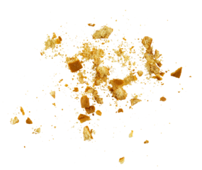 The pile of cake crumbs, cookies flying, grunge graphic overlay element isolated on a transparent background