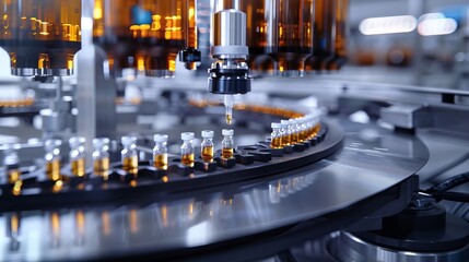 Illustration depicting the production line of medical ampoules in a modern pharmaceutical factory, showcasing the filling process of glass ampoules for medication manufacturing.