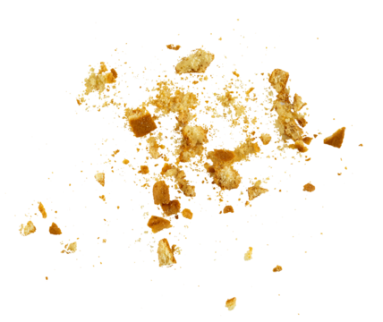 The pile of cake crumbs, cookies flying, grunge graphic overlay element isolated on a transparent background