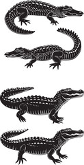 Set of Crocodile silhouettes on black and white