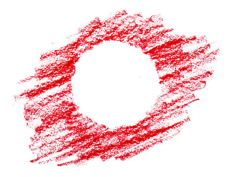 grunge hand-drawn colorful scribble strokes with wax pastel red crayon in a circle shape, graphic overlay element isolated on a transparent background