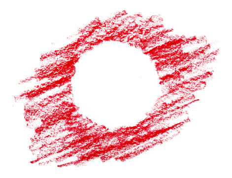 grunge hand-drawn colorful scribble strokes with wax pastel red crayon in a circle shape, graphic overlay element isolated on a transparent background