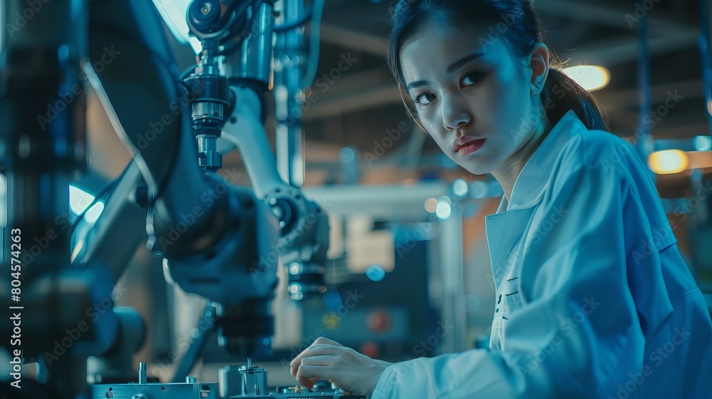 Poster illustration of a female industrial engineer working with automation robot arms in an intelligent fa