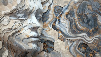 A human face constructed from overlapping hexagons in muted tones, set against a swirling abstract background with metallic accents.