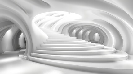   A 3D render showcases a staircase, featuring white walls and a spiraling staircase ascending to the stairs' peak
