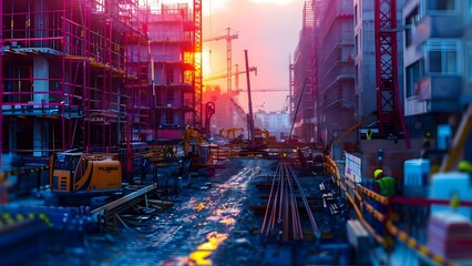 Urban construction site with futuristic machines and workers tiltshift effect copy space. Concept Urban development, Futuristic technology, Construction workers, Tilt-shift photography, Copy space