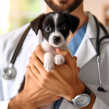 vue de proche,v&eacute;t&eacute;rinaire portant un petit chiot noir portant un st&eacute;thoscope autour du coup et des gans , pour un examen , qualit&eacute; de l'image HD , 4K,8K 