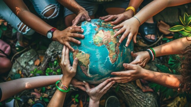 Diverse group of individuals standing in a circle with hands touching, surrounding a globe in the center.